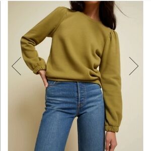 Nation LTD Daryl Cotton Puff Sleeve Olive Green Sweatshirt Size Medium